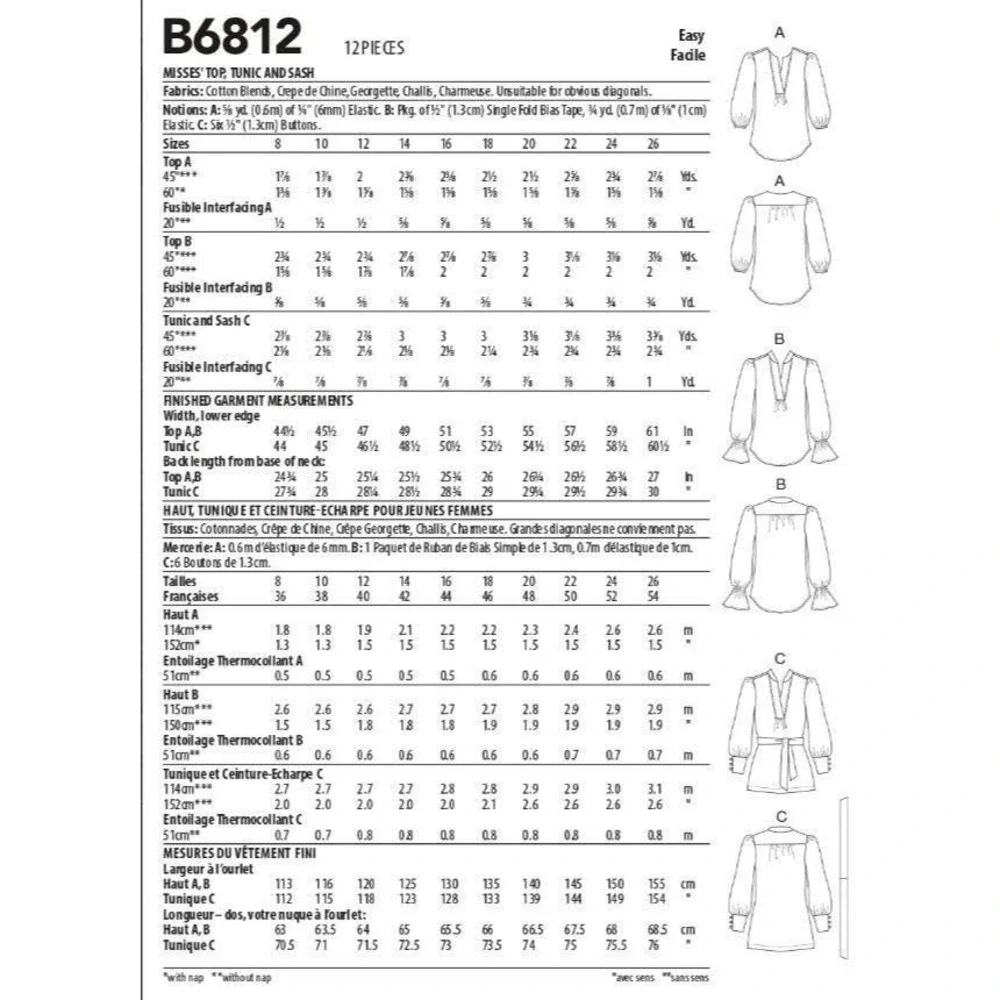 Butterick B6812 Misses Tunic Top‎ & Sash Sewing Pattern Sizes B5 8-10-12-14-16